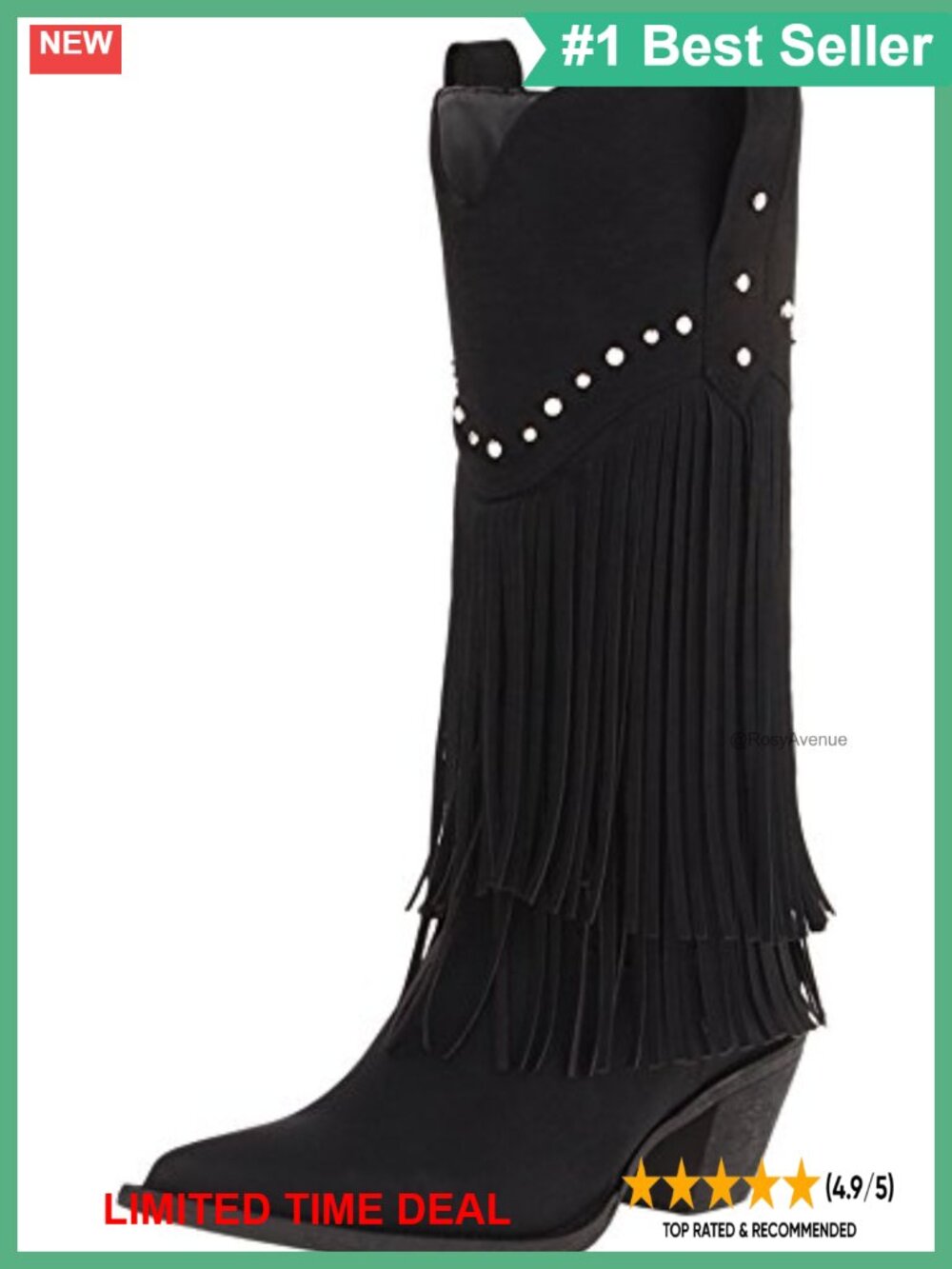 Faux Leather Studded Fringe Pointed Toe Western Bootie